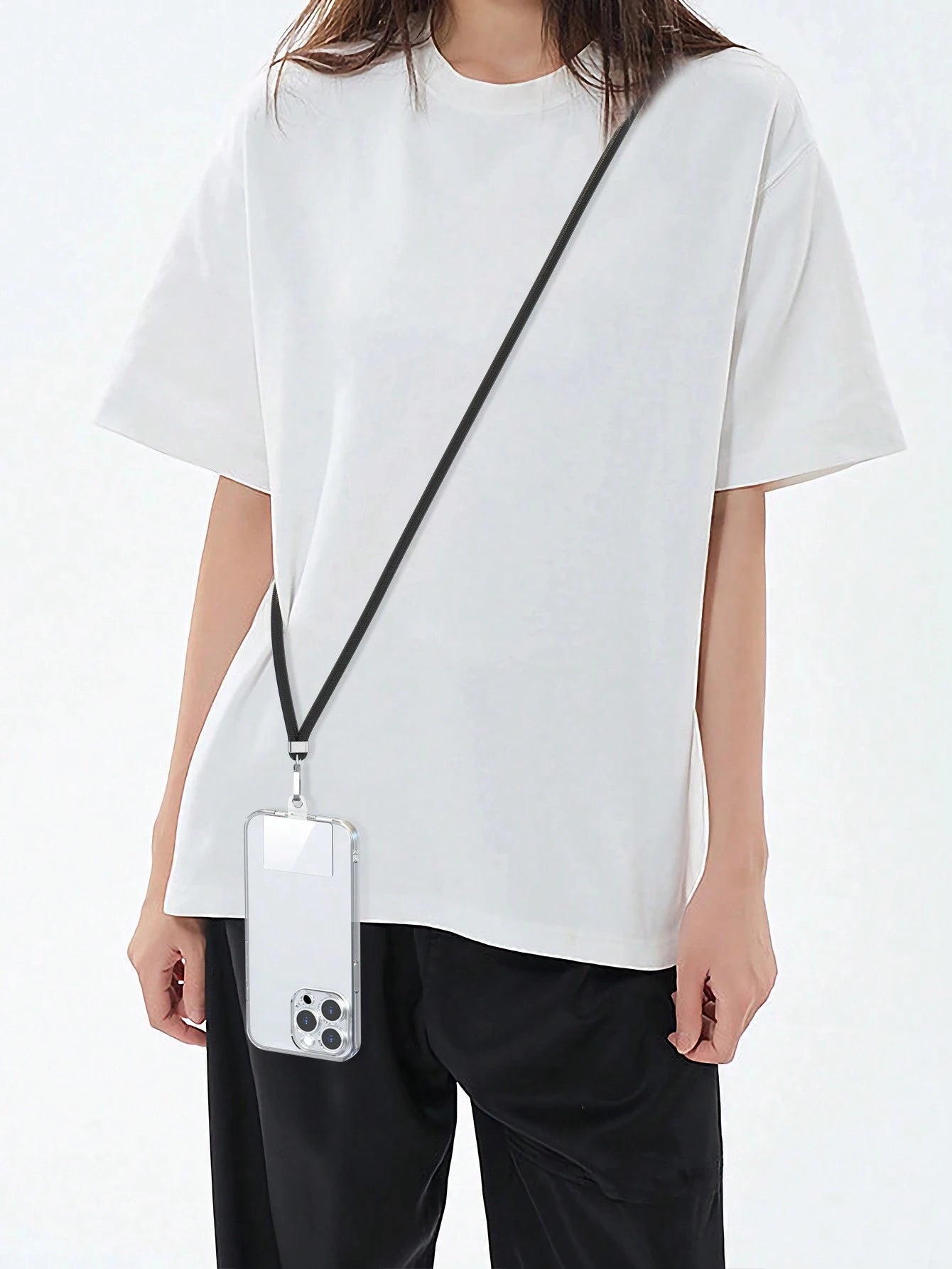 1pc Crossbody Phone Lanyard (Grey), Includes Transparent Pad For Phone Case Attachment, Multi-Functional Adjustable Neck Strap, Length 145cm/57in, Compatible With All Smartphones, Universal Lanyard Su