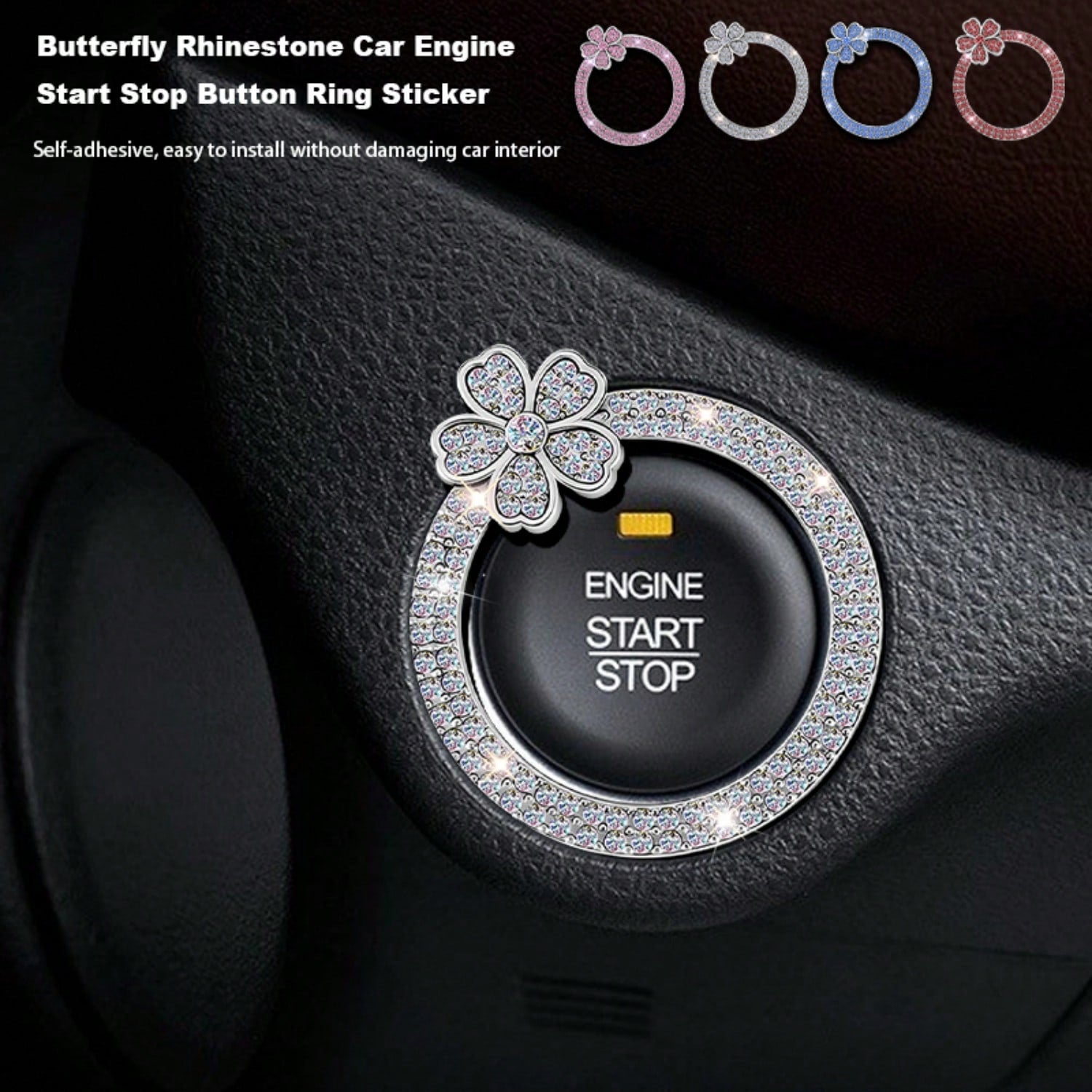 1pc Crystal Rhinestone 5-Petal Flower Car One-Touch Start Button Decor Sticker, Cute Flower Shape, Car Interior Decoration, Popular One-Touch Start Button Cover Sticker, Suitable For Key Ignition And