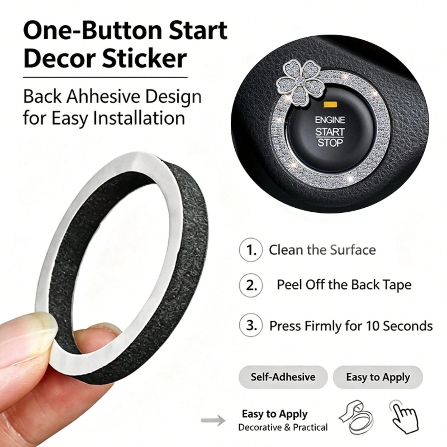 1pc Crystal Rhinestone 5-Petal Flower Car One-Touch Start Button Decor Sticker, Cute Flower Shape, Car Interior Decoration, Popular One-Touch Start Button Cover Sticker, Suitable For Key Ignition And