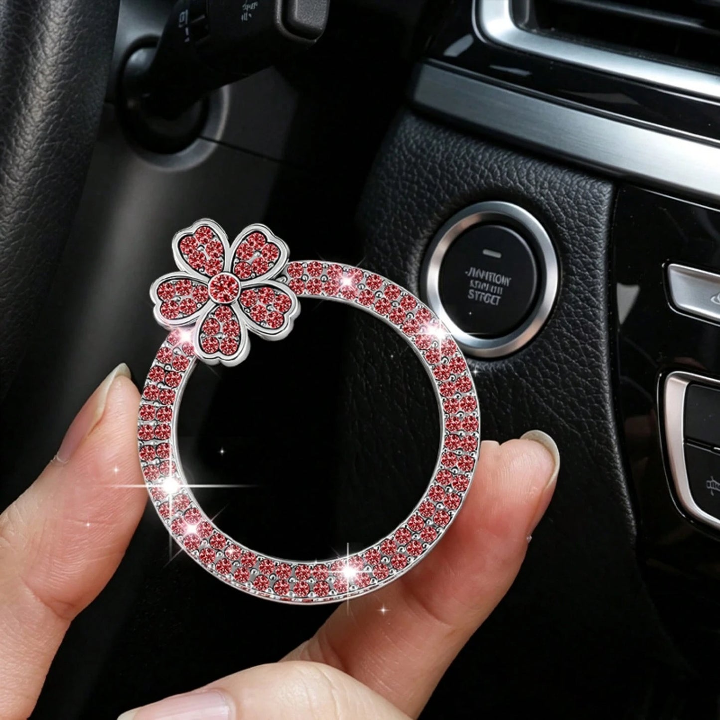 1pc Crystal Rhinestone 5-Petal Flower Car One-Touch Start Button Decor Sticker, Cute Flower Shape, Car Interior Decoration, Popular One-Touch Start Button Cover Sticker, Suitable For Key Ignition And