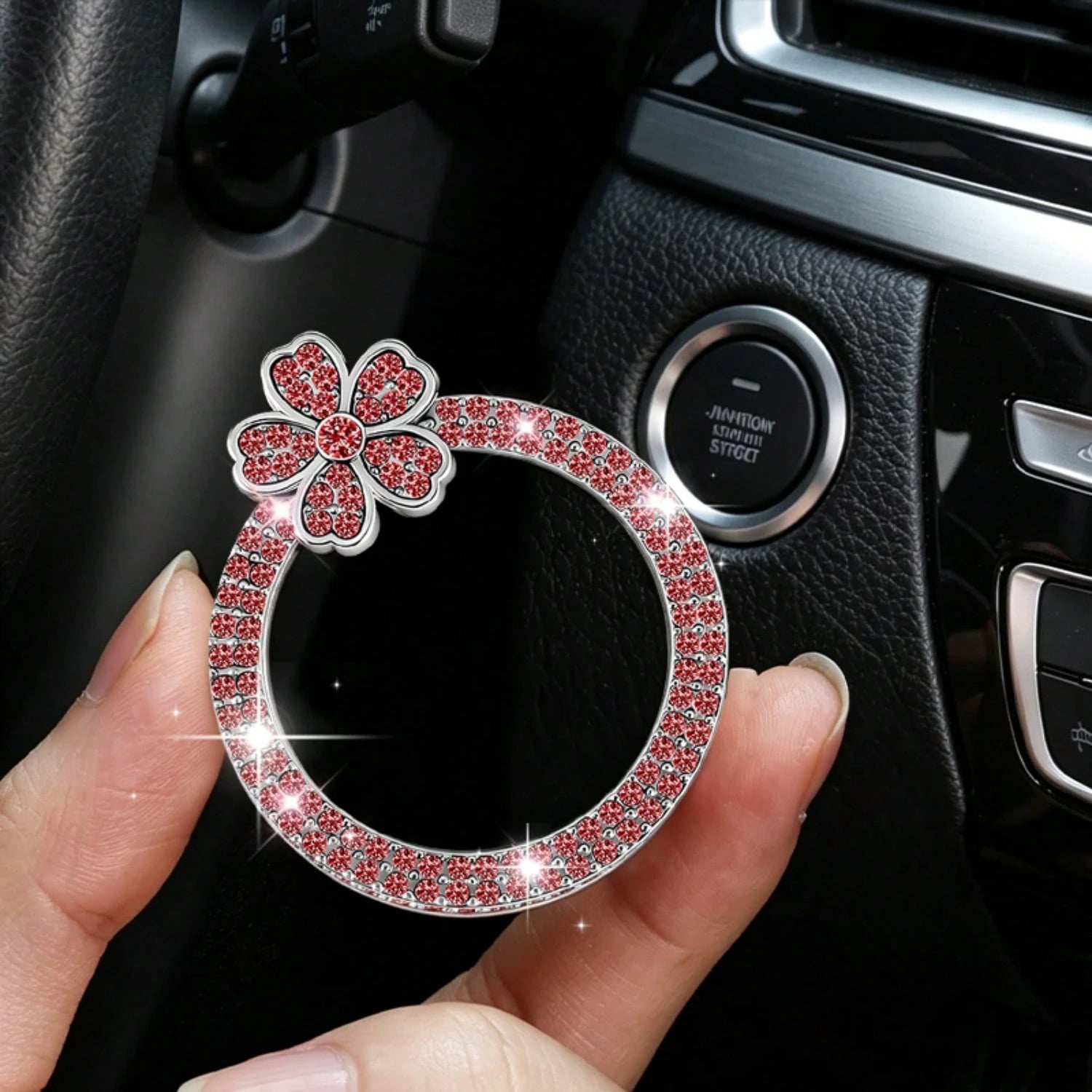 1pc Crystal Rhinestone 5-Petal Flower Car One-Touch Start Button Decor Sticker, Cute Flower Shape, Car Interior Decoration, Popular One-Touch Start Button Cover Sticker, Suitable For Key Ignition And