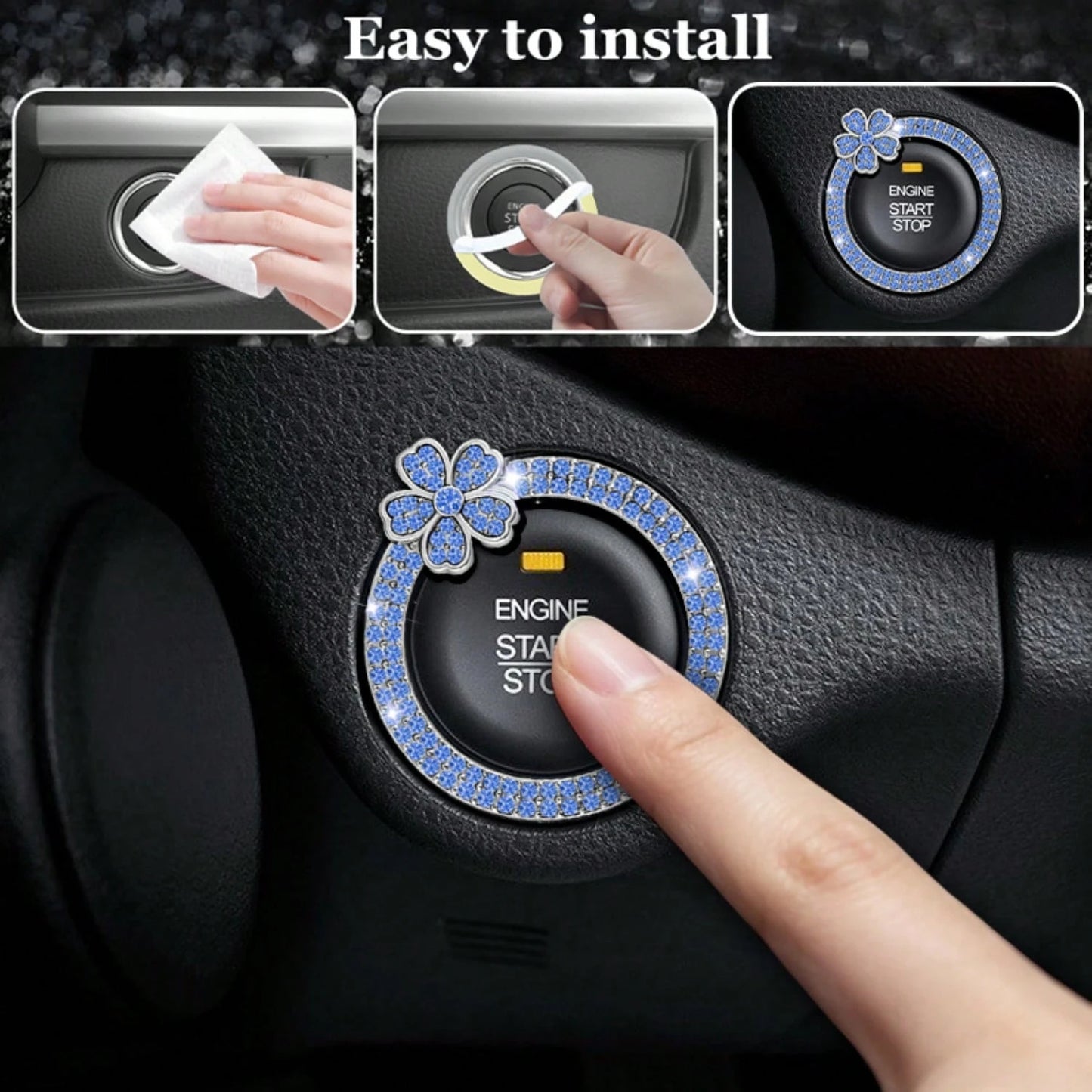 1pc Crystal Rhinestone 5-Petal Flower Car One-Touch Start Button Decor Sticker, Cute Flower Shape, Car Interior Decoration, Popular One-Touch Start Button Cover Sticker, Suitable For Key Ignition And