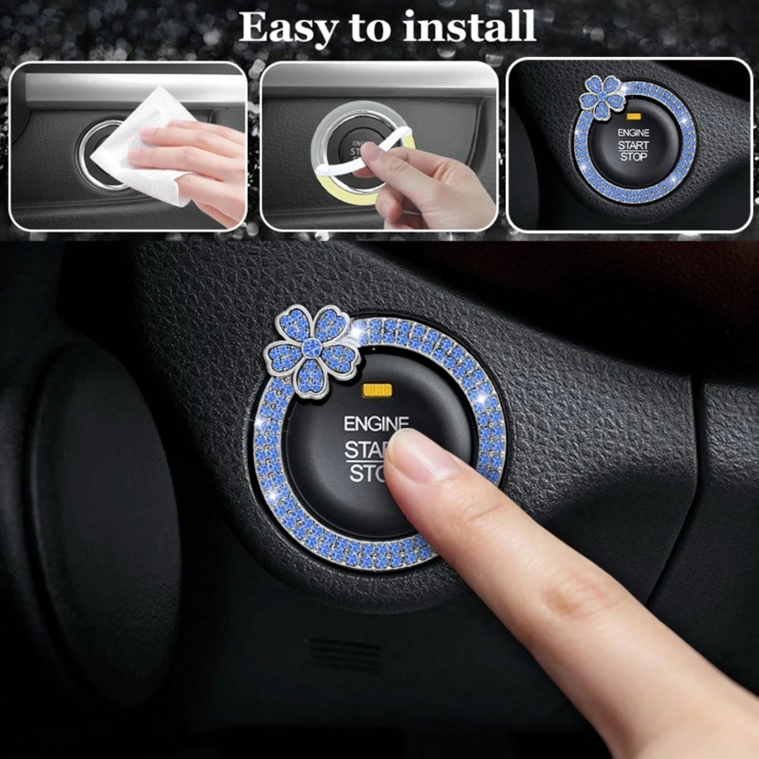 1pc Crystal Rhinestone 5-Petal Flower Car One-Touch Start Button Decor Sticker, Cute Flower Shape, Car Interior Decoration, Popular One-Touch Start Button Cover Sticker, Suitable For Key Ignition And