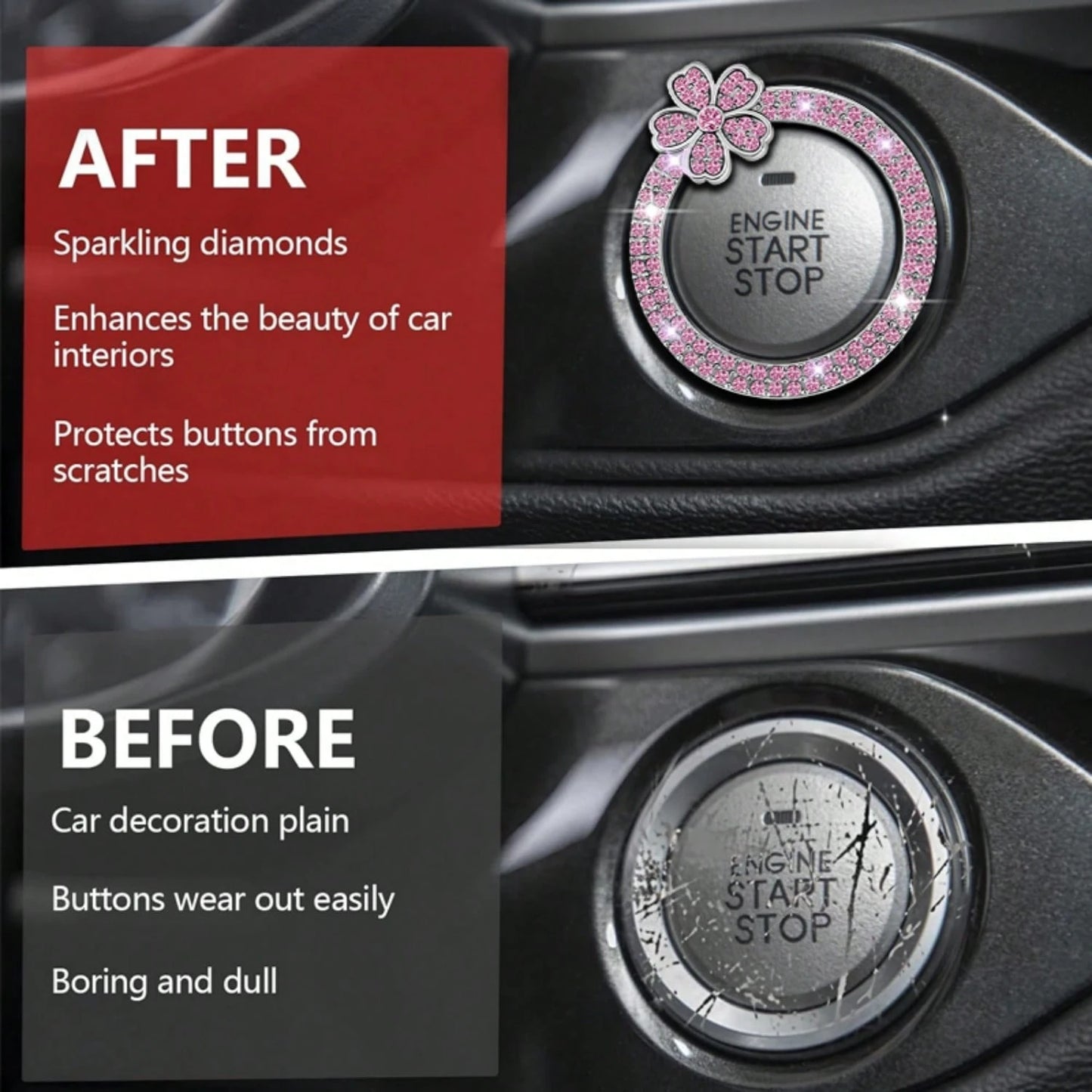 1pc Crystal Rhinestone 5-Petal Flower Car One-Touch Start Button Decor Sticker, Cute Flower Shape, Car Interior Decoration, Popular One-Touch Start Button Cover Sticker, Suitable For Key Ignition And