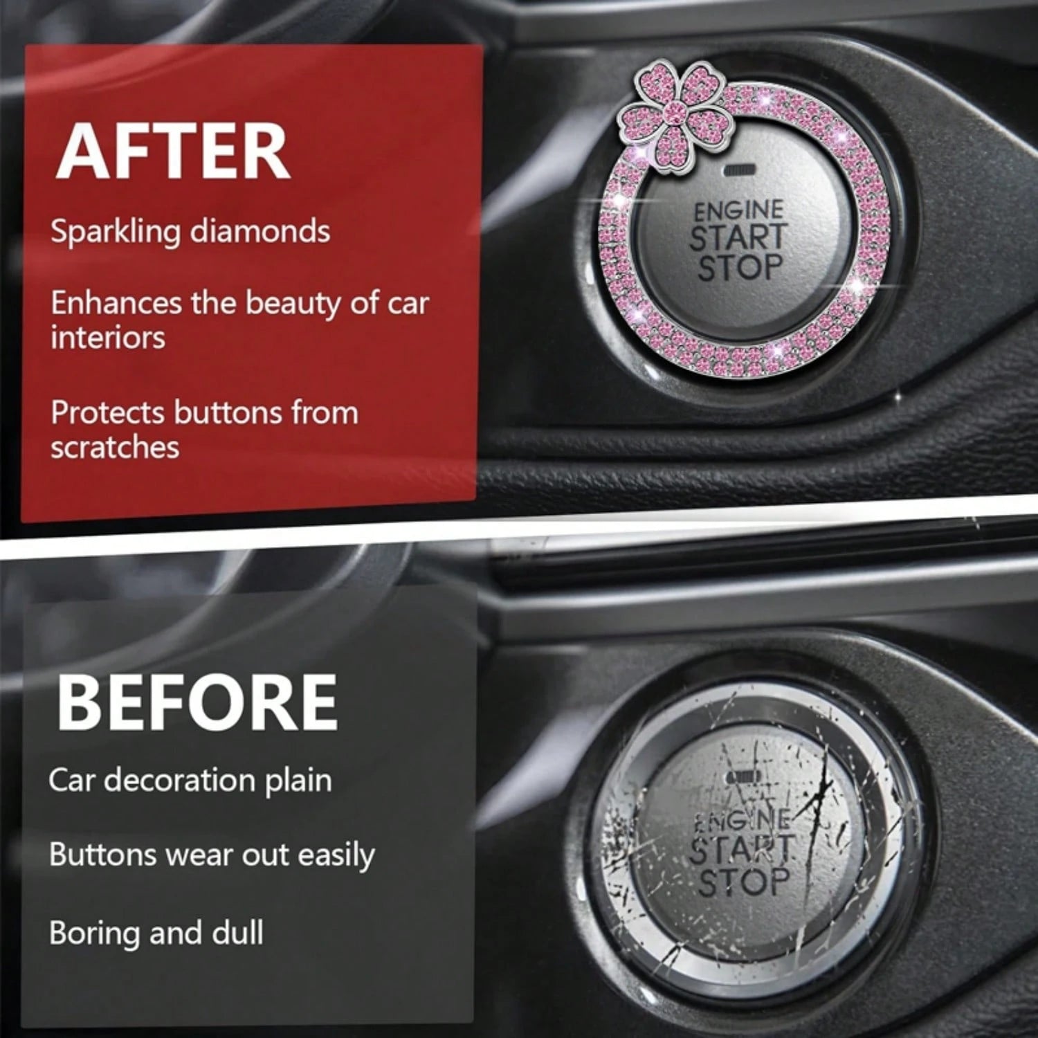 1pc Crystal Rhinestone 5-Petal Flower Car One-Touch Start Button Decor Sticker, Cute Flower Shape, Car Interior Decoration, Popular One-Touch Start Button Cover Sticker, Suitable For Key Ignition And