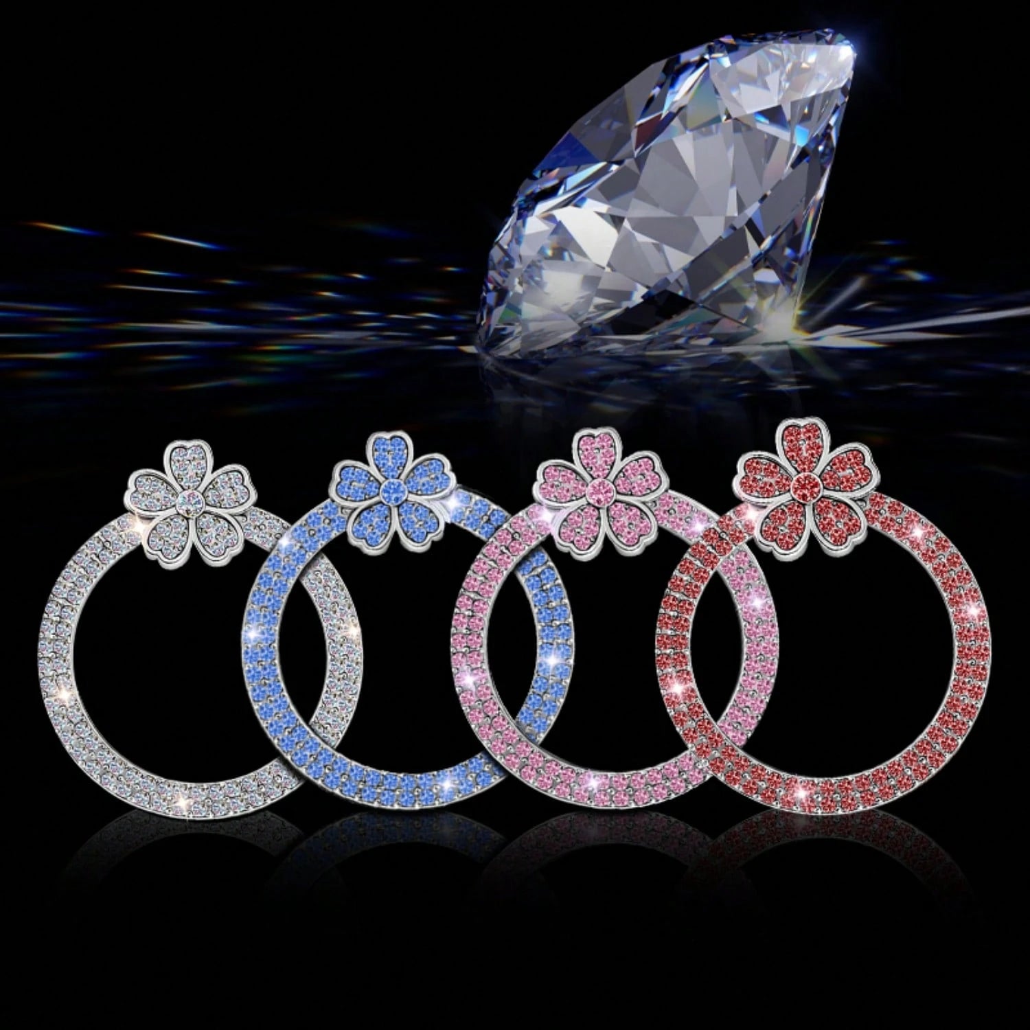 1pc Crystal Rhinestone 5-Petal Flower Car One-Touch Start Button Decor Sticker, Cute Flower Shape, Car Interior Decoration, Popular One-Touch Start Button Cover Sticker, Suitable For Key Ignition And