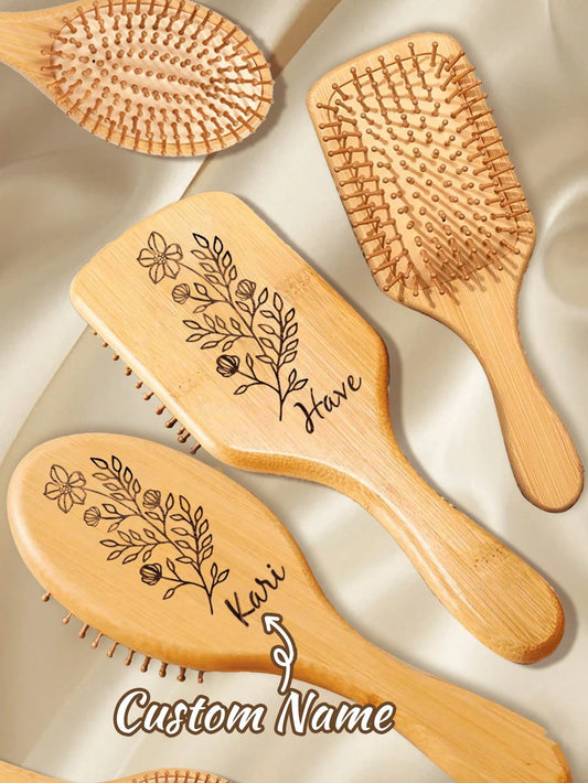 1pc Customized Engraved Air Cushion Bamboo Comb, Personalized Name Hairbrush, Women's Bamboo Hair Comb, 2 Sizes: S/M, 2 Shapes: Square/Oval, Cute Hairbrush, Ball-Tipped Teeth Comb, Suitable For Her, B