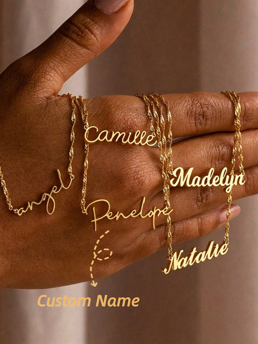 1pc Customized Name Necklace For Women Gold Color Water Wave Chain Personalized Pendant Stainless Steel Jewelry Wedding Bridesmaid Gifts Anniversary Birthday Gift For Teenagers Students Tarnish Free