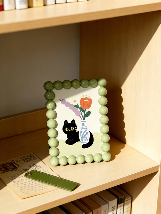 1pc Cute Cartoon Beaded Photo Frame, Nordic Style Creative Desktop Decor, Multi-Color Cute Animal And Floral Pattern Photo Frame, Perfect For Home Living Room Bedroom Office Desk Decoration, White/Pin