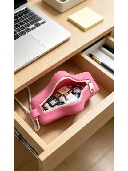 1pc, Cute Five-Pointed Star Silicone Storage Bag With Lanyard, Bluetooth Headset Data Cable, USB Flash Drive, Jewelry Change, Portable Accessories Storage Bag, One-Click Storage Of Headphones And Jewe