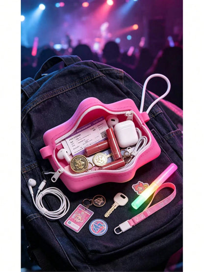 1pc, Cute Five-Pointed Star Silicone Storage Bag With Lanyard, Bluetooth Headset Data Cable, USB Flash Drive, Jewelry Change, Portable Accessories Storage Bag, One-Click Storage Of Headphones And Jewe