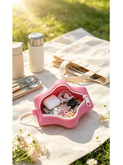 1pc, Cute Five-Pointed Star Silicone Storage Bag With Lanyard, Bluetooth Headset Data Cable, USB Flash Drive, Jewelry Change, Portable Accessories Storage Bag, One-Click Storage Of Headphones And Jewe