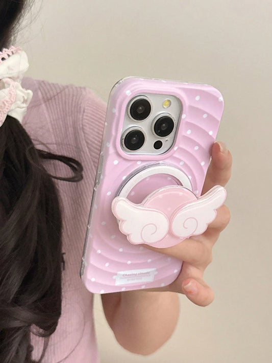 1pc Cute Girl Style Magnetic Telescopic Desktop Phone Stand, Polka Dot Wing Design, Pink Or Blue Available. Ideal Spring, Surprise Or Birthday Gift For Sisters, Girlfriends Or Classmates
