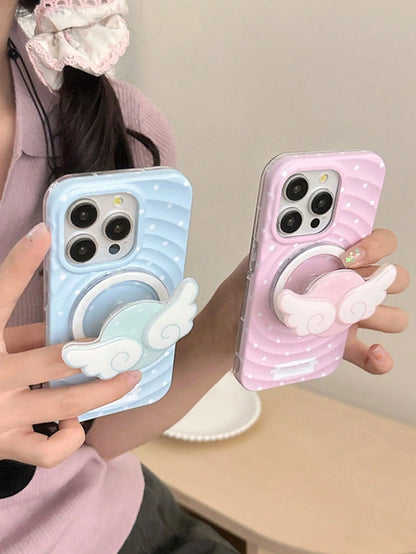 1pc Cute Girl Style Magnetic Telescopic Desktop Phone Stand, Polka Dot Wing Design, Pink Or Blue Available. Ideal Spring, Surprise Or Birthday Gift For Sisters, Girlfriends Or Classmates