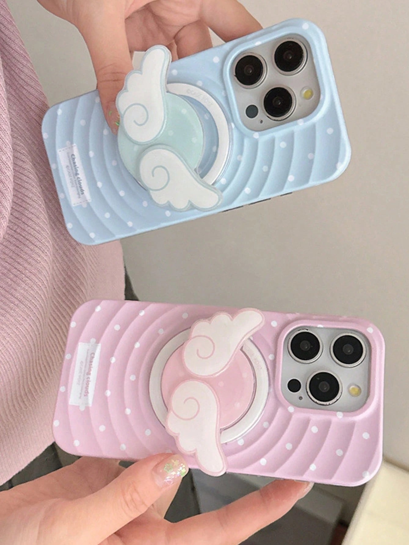 1pc Cute Girl Style Magnetic Telescopic Desktop Phone Stand, Polka Dot Wing Design, Pink Or Blue Available. Ideal Spring, Surprise Or Birthday Gift For Sisters, Girlfriends Or Classmates