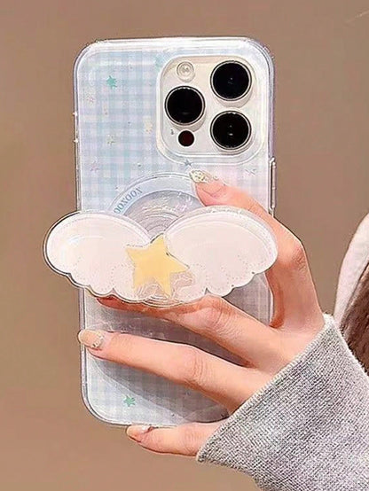 1pc Cute Girl Style Magnetic Telescopic Desktop Phone Stand, Polka Dot Wing Design, Pink Or Blue Available. Ideal Spring, Surprise Or Birthday Gift For Sisters, Girlfriends Or Classmates