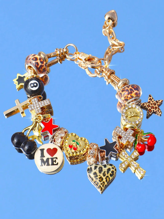 1pc Cute Red Cherry Charm Bracelet, Leopard Print Star Girl Bracelet, Black Dark Bracelet, Cross Star Bracelet, Punk Music Festival Bracelet
