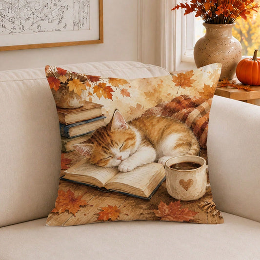 1pc Cute Sleeping Cat On Book Cushion Cover, Single-Sided Printed Skin-Friendly Peach Skin Velvet Material, 45*45CM/18*18inch Pillowcase For Room Decor, Modern Fabric Sofa Indoor Decoration, Party Dec