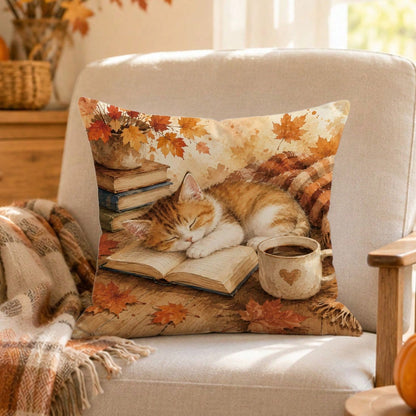 1pc Cute Sleeping Cat On Book Cushion Cover, Single-Sided Printed Skin-Friendly Peach Skin Velvet Material, 45*45CM/18*18inch Pillowcase For Room Decor, Modern Fabric Sofa Indoor Decoration, Party Dec