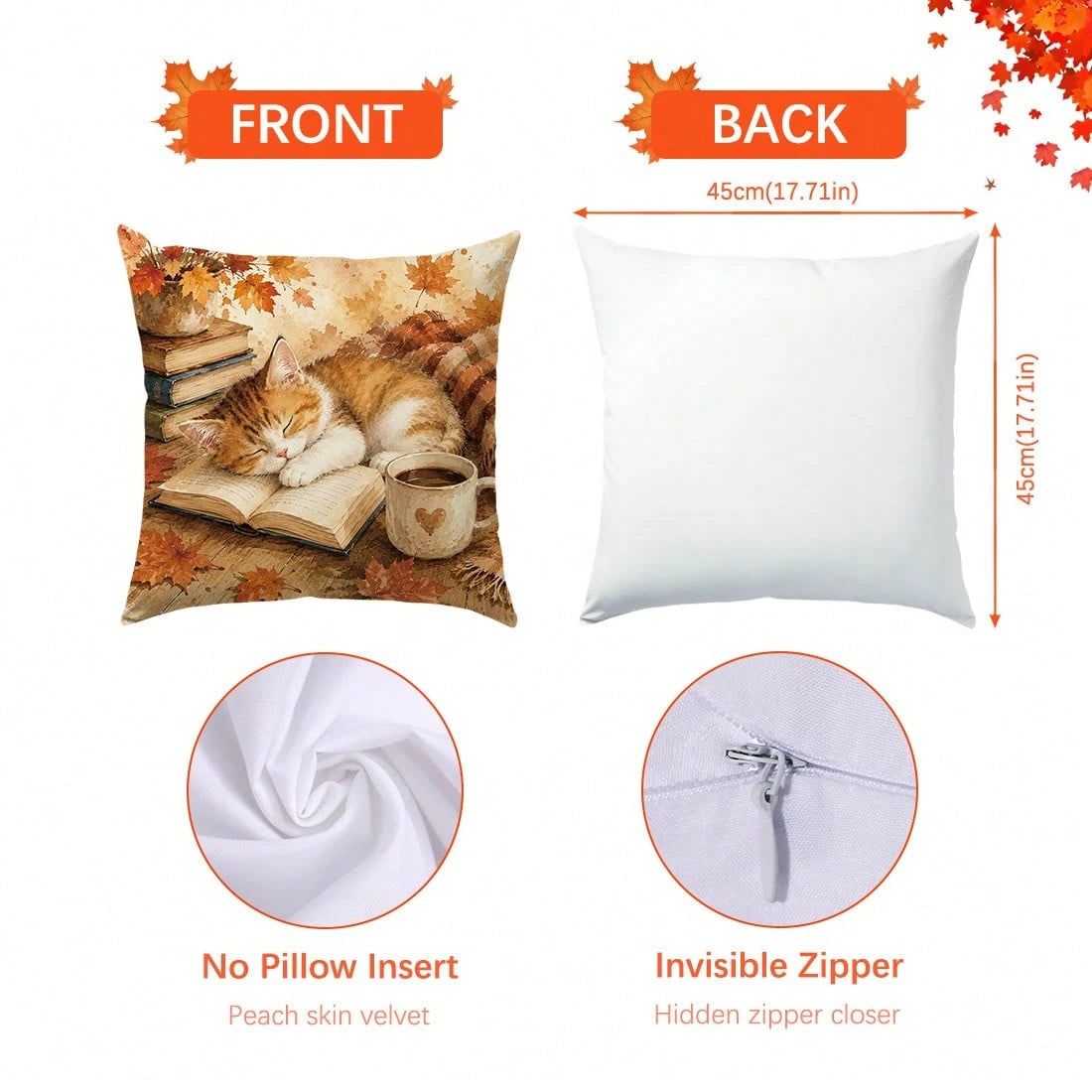 1pc Cute Sleeping Cat On Book Cushion Cover, Single-Sided Printed Skin-Friendly Peach Skin Velvet Material, 45*45CM/18*18inch Pillowcase For Room Decor, Modern Fabric Sofa Indoor Decoration, Party Dec