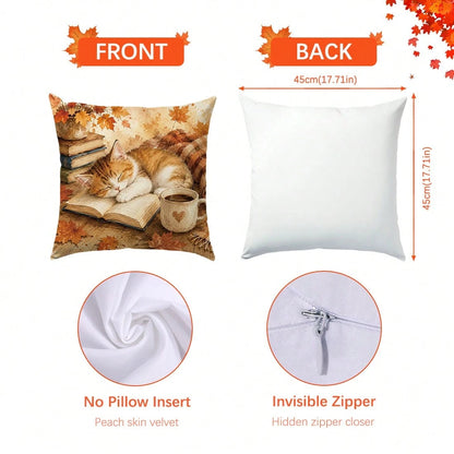 1pc Cute Sleeping Cat On Book Cushion Cover, Single-Sided Printed Skin-Friendly Peach Skin Velvet Material, 45*45CM/18*18inch Pillowcase For Room Decor, Modern Fabric Sofa Indoor Decoration, Party Dec