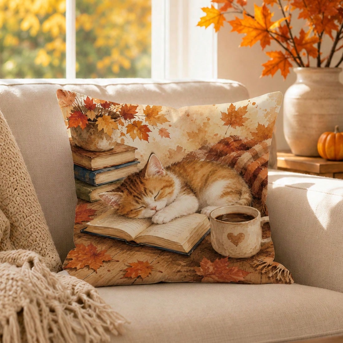 1pc Cute Sleeping Cat On Book Cushion Cover, Single-Sided Printed Skin-Friendly Peach Skin Velvet Material, 45*45CM/18*18inch Pillowcase For Room Decor, Modern Fabric Sofa Indoor Decoration, Party Dec