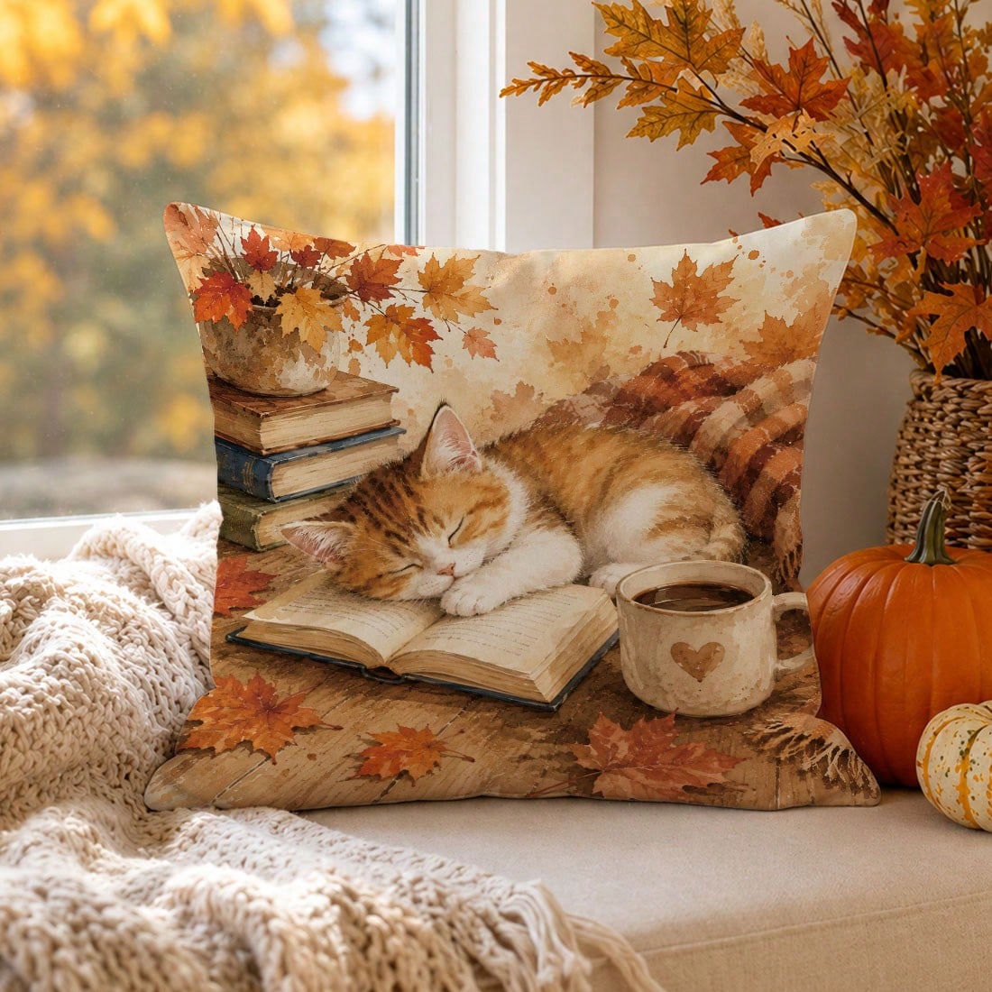 1pc Cute Sleeping Cat On Book Cushion Cover, Single-Sided Printed Skin-Friendly Peach Skin Velvet Material, 45*45CM/18*18inch Pillowcase For Room Decor, Modern Fabric Sofa Indoor Decoration, Party Dec