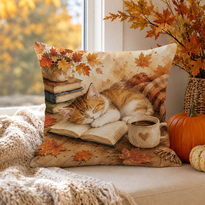 1pc Cute Sleeping Cat On Book Cushion Cover, Single-Sided Printed Skin-Friendly Peach Skin Velvet Material, 45*45CM/18*18inch Pillowcase For Room Decor, Modern Fabric Sofa Indoor Decoration, Party Dec