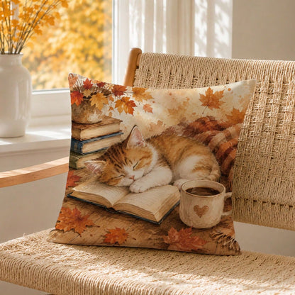 1pc Cute Sleeping Cat On Book Cushion Cover, Single-Sided Printed Skin-Friendly Peach Skin Velvet Material, 45*45CM/18*18inch Pillowcase For Room Decor, Modern Fabric Sofa Indoor Decoration, Party Dec