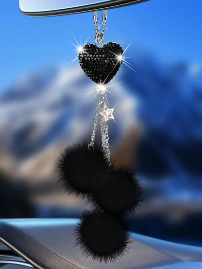 1pc Diamond Encrusted Heart Shaped Pendant Car Rearview Mirror Charm, Women's Car Accessory, Auto Decor
