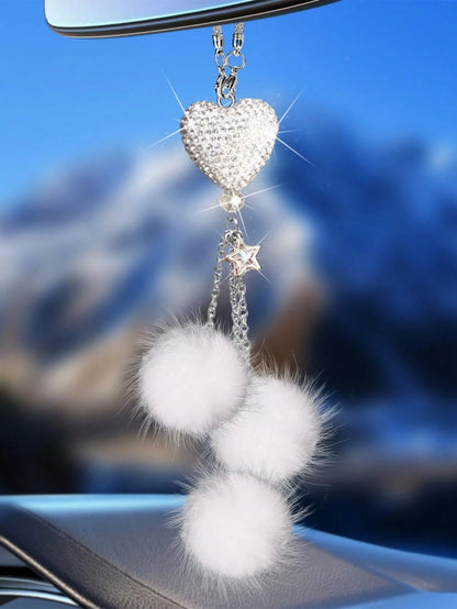 1pc Diamond Encrusted Heart Shaped Pendant Car Rearview Mirror Charm, Women's Car Accessory, Auto Decor