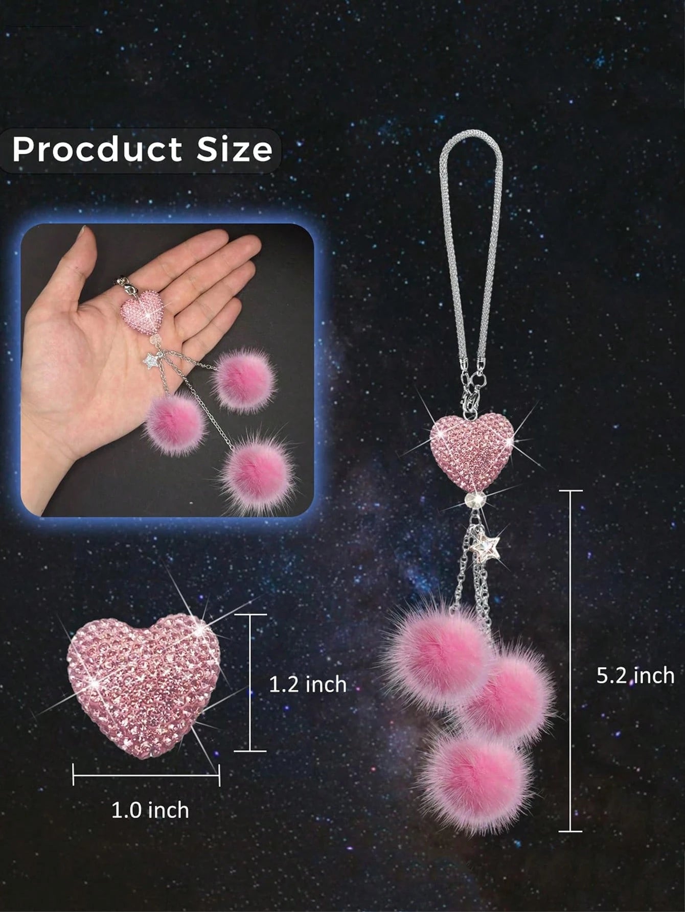 1pc Diamond Encrusted Heart Shaped Pendant Car Rearview Mirror Charm, Women's Car Accessory, Auto Decor