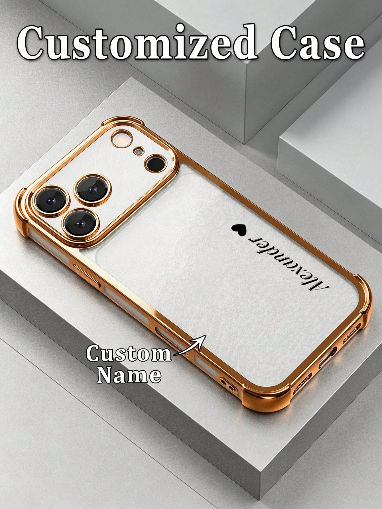 1pc DIY Vertical Customized Name Small Heart Pattern Electroplated Transparent Four-Corner Anti-Drop Phone Case Compatible With Apple 17ProMax/16 Pro/15Plus/14/13/12/11/XR/XS MAX And S26Uitra/S25Plus