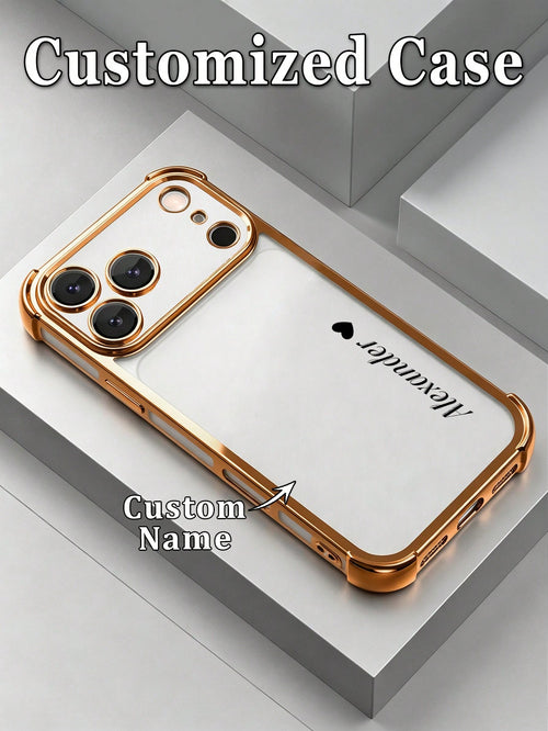 1pc DIY Vertical Customized Name Small Heart Pattern Electroplated Transparent Four-Corner Anti-Drop Phone Case Compatible With Apple 17ProMax/16 Pro/15Plus/14/13/12/11/XR/XS MAX And S26Uitra/S25Plus