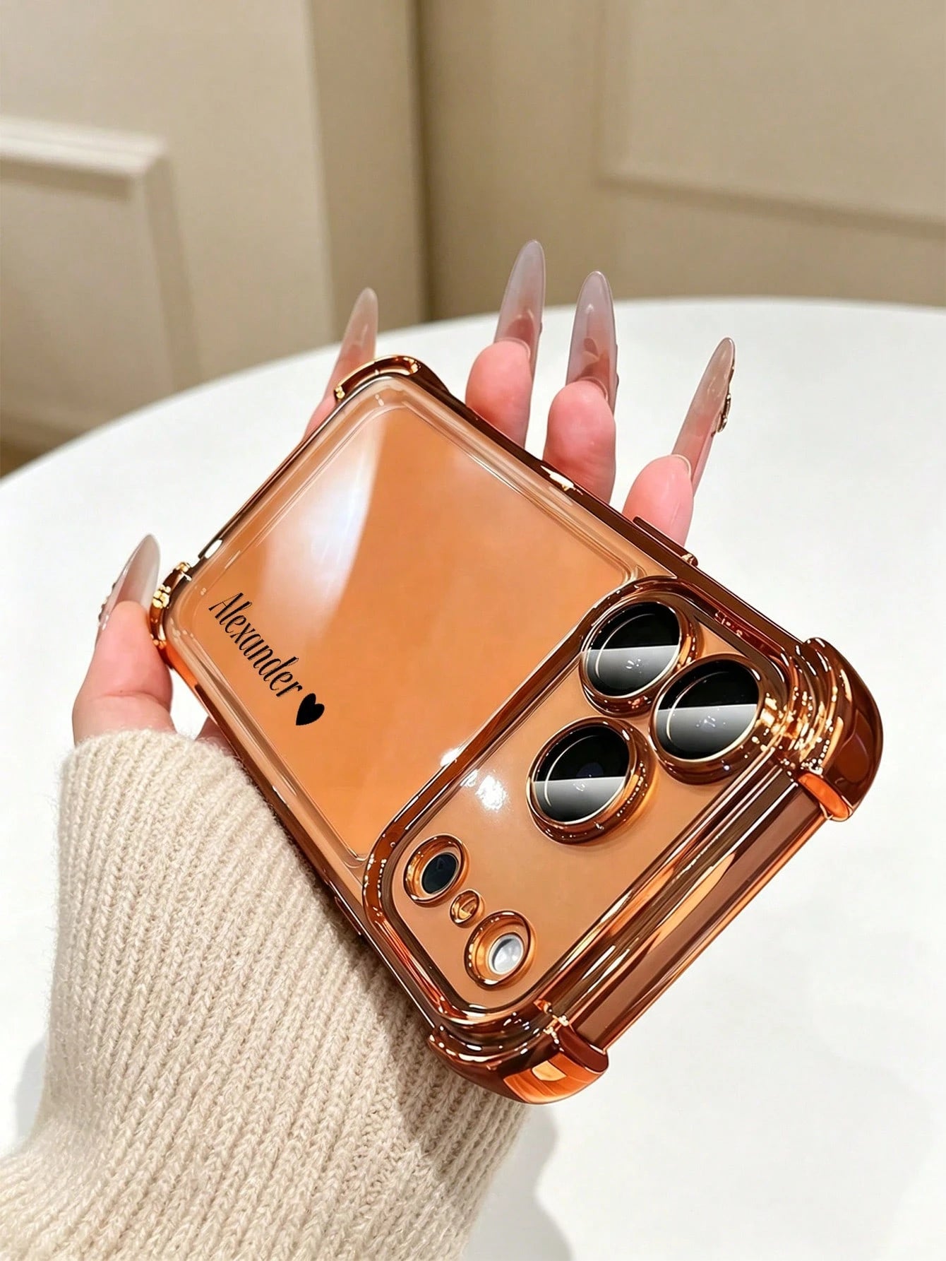 1pc DIY Vertical Customized Name Small Heart Pattern Electroplated Transparent Four-Corner Anti-Drop Phone Case Compatible With Apple 17ProMax/16 Pro/15Plus/14/13/12/11/XR/XS MAX And S26Uitra/S25Plus