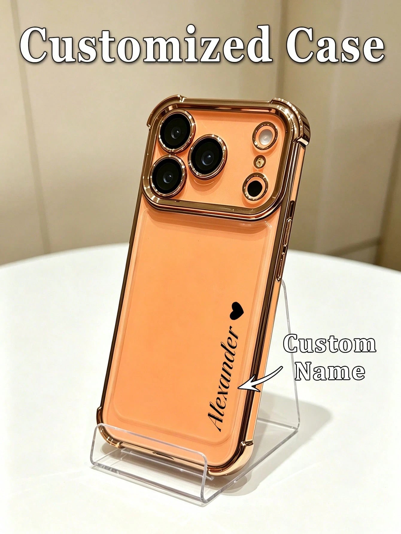 1pc DIY Vertical Customized Name Small Heart Pattern Electroplated Transparent Four-Corner Anti-Drop Phone Case Compatible With Apple 17ProMax/16 Pro/15Plus/14/13/12/11/XR/XS MAX And S26Uitra/S25Plus