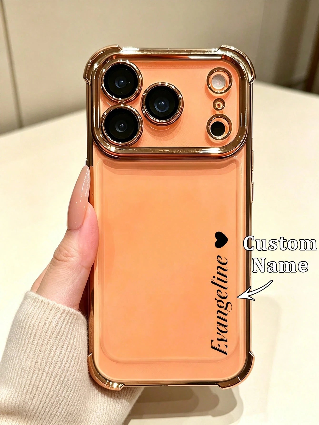 1pc DIY Vertical Customized Name Small Heart Pattern Electroplated Transparent Four-Corner Anti-Drop Phone Case Compatible With Apple 17ProMax/16 Pro/15Plus/14/13/12/11/XR/XS MAX And S26Uitra/S25Plus