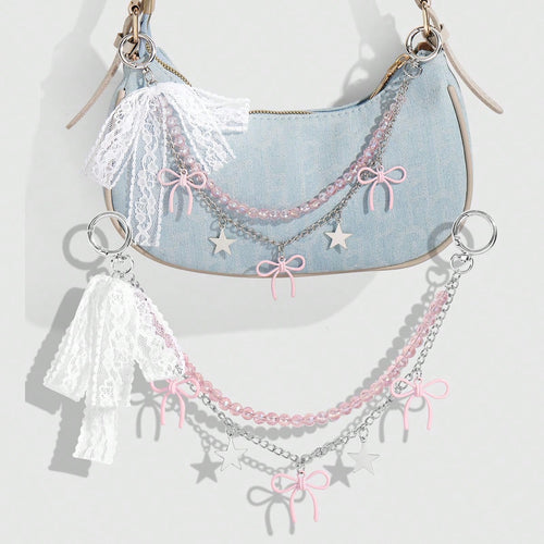 1pc Elegant & Charming Handmade Beaded Pink Crystal Chain Star Lace Bow DIY Keychain/Bag Charm, Suitable For Women/Girls Daily Wear, Holiday Gift