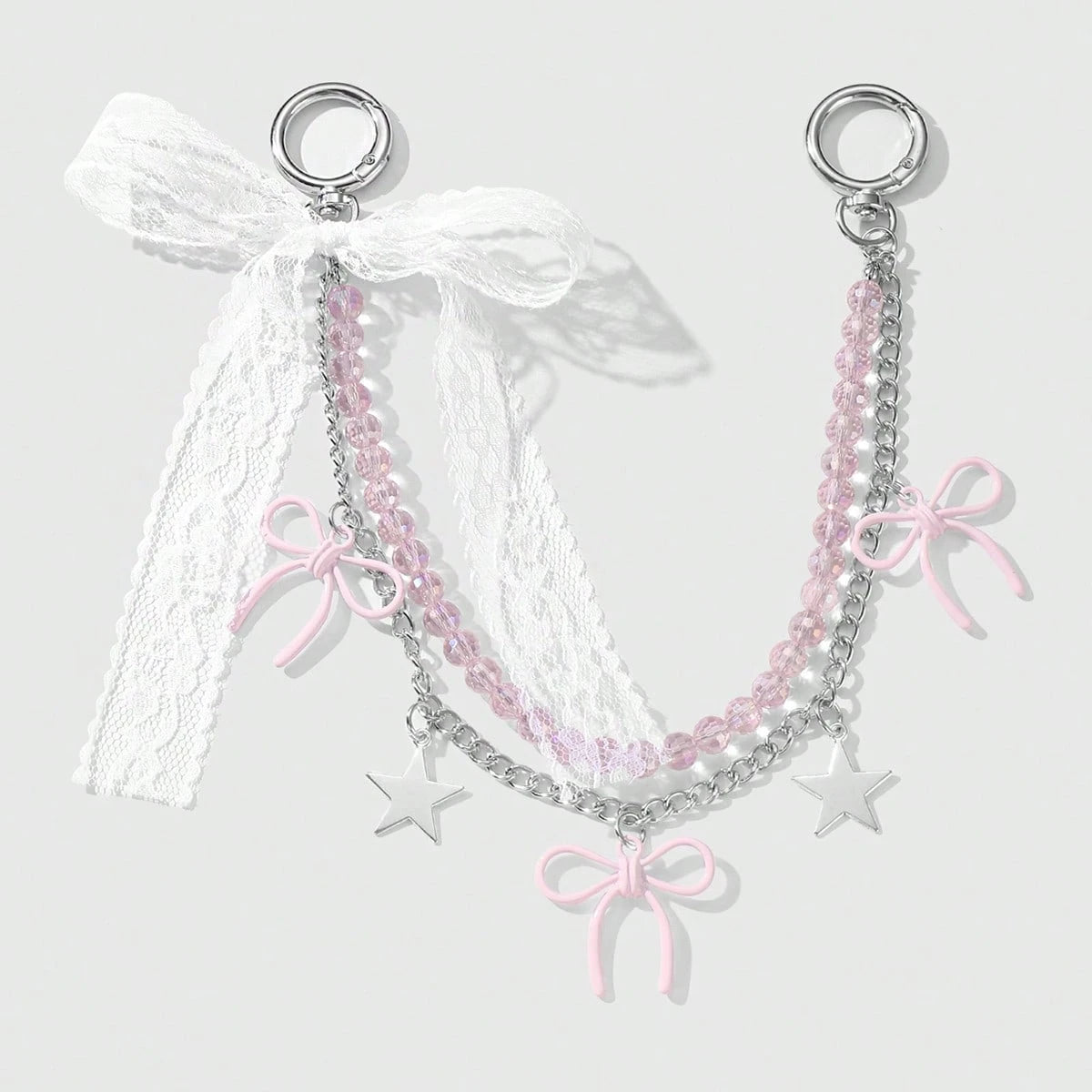 1pc Elegant & Charming Handmade Beaded Pink Crystal Chain Star Lace Bow DIY Keychain/Bag Charm, Suitable For Women/Girls Daily Wear, Holiday Gift