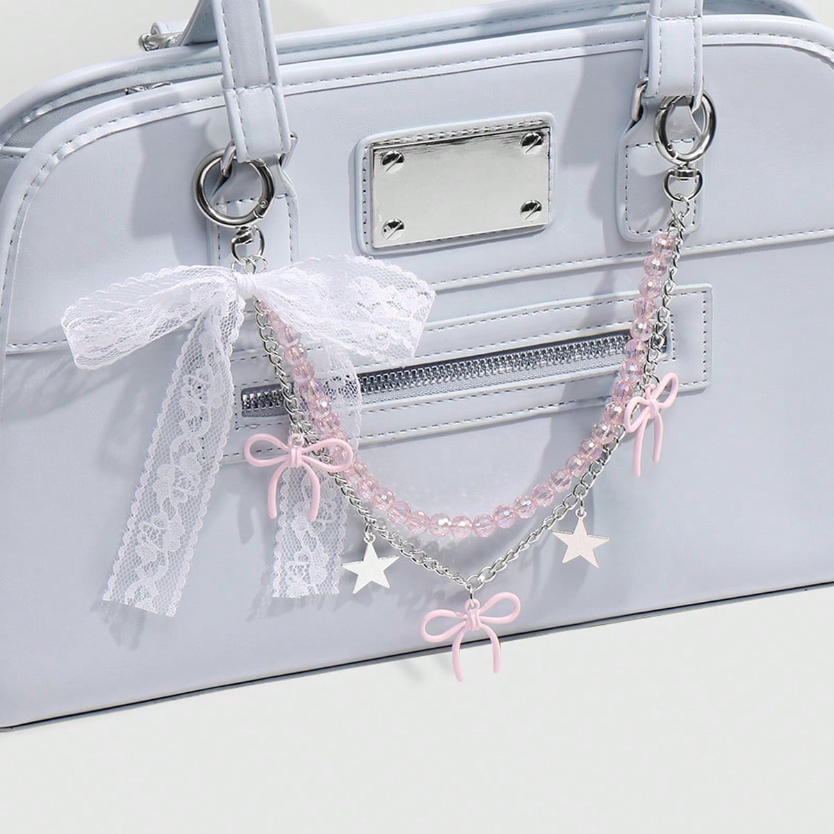 1pc Elegant & Charming Handmade Beaded Pink Crystal Chain Star Lace Bow DIY Keychain/Bag Charm, Suitable For Women/Girls Daily Wear, Holiday Gift
