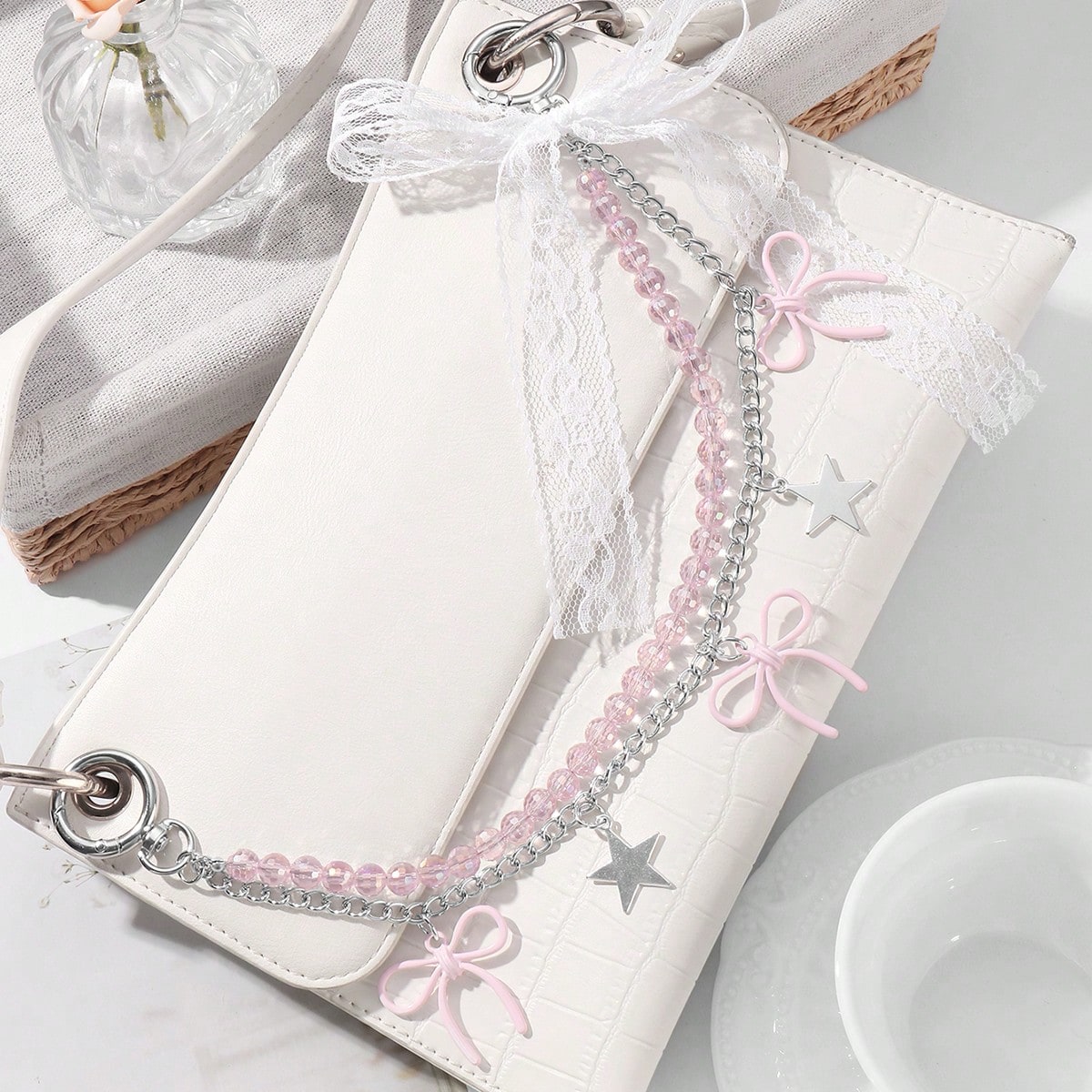 1pc Elegant & Charming Handmade Beaded Pink Crystal Chain Star Lace Bow DIY Keychain/Bag Charm, Suitable For Women/Girls Daily Wear, Holiday Gift