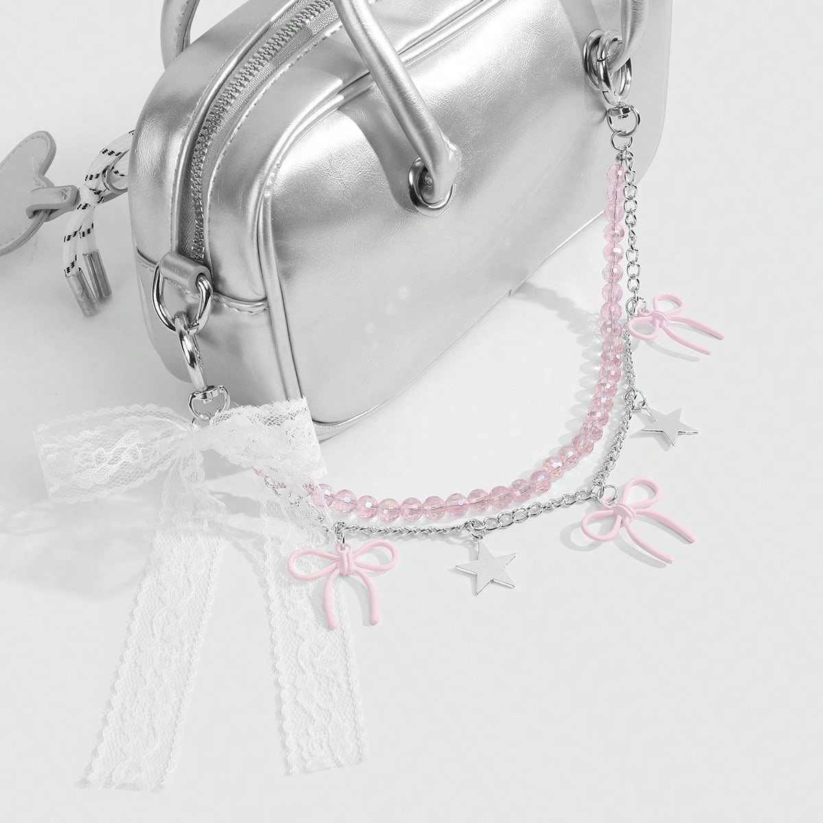 1pc Elegant & Charming Handmade Beaded Pink Crystal Chain Star Lace Bow DIY Keychain/Bag Charm, Suitable For Women/Girls Daily Wear, Holiday Gift