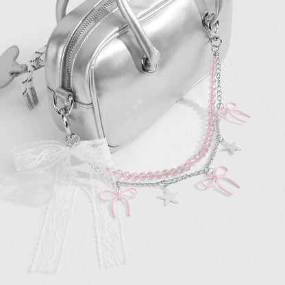 1pc Elegant & Charming Handmade Beaded Pink Crystal Chain Star Lace Bow DIY Keychain/Bag Charm, Suitable For Women/Girls Daily Wear, Holiday Gift