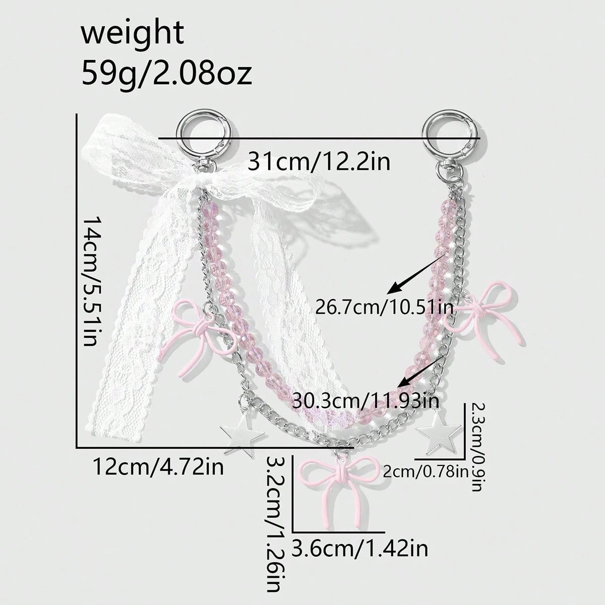1pc Elegant & Charming Handmade Beaded Pink Crystal Chain Star Lace Bow DIY Keychain/Bag Charm, Suitable For Women/Girls Daily Wear, Holiday Gift
