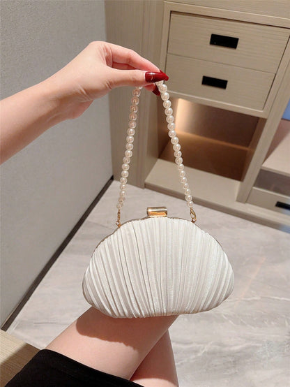 1pc Elegant Pleated Box Design Clutch Bag, Faux Pearl Decor, Formal Handbag For Wedding, Party, Prom, Evening Dress, Chain Strap Square Bag