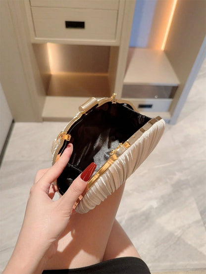1pc Elegant Pleated Box Design Clutch Bag, Faux Pearl Decor, Formal Handbag For Wedding, Party, Prom, Evening Dress, Chain Strap Square Bag