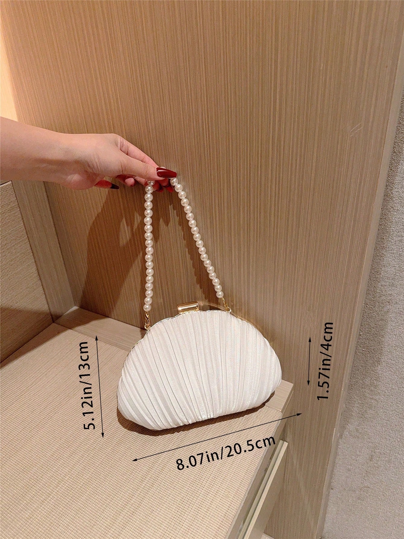 1pc Elegant Pleated Box Design Clutch Bag, Faux Pearl Decor, Formal Handbag For Wedding, Party, Prom, Evening Dress, Chain Strap Square Bag