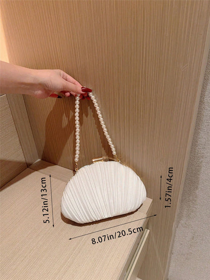 1pc Elegant Pleated Box Design Clutch Bag, Faux Pearl Decor, Formal Handbag For Wedding, Party, Prom, Evening Dress, Chain Strap Square Bag