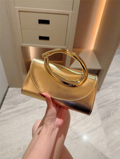 1pc European & American Fashion Metal Decor Mini Box Clutch, High-End Shiny Metal Strip Handbag For Women, Elegant Luxury Evening Bag For Formal Dresses, PU Leather Party Bag/Romantic Wedding Clutch/P