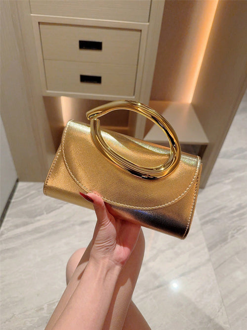 1pc European & American Fashion Metal Decor Mini Box Clutch, High-End Shiny Metal Strip Handbag For Women, Elegant Luxury Evening Bag For Formal Dresses, PU Leather Party Bag/Romantic Wedding Clutch/P